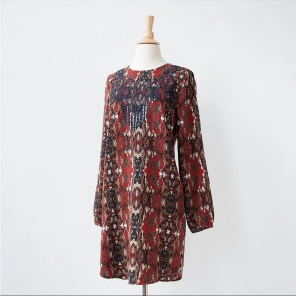 Anthropologie Greylin Long Sleeve Stoli Dress size XS Red Brown Blue Embroidered